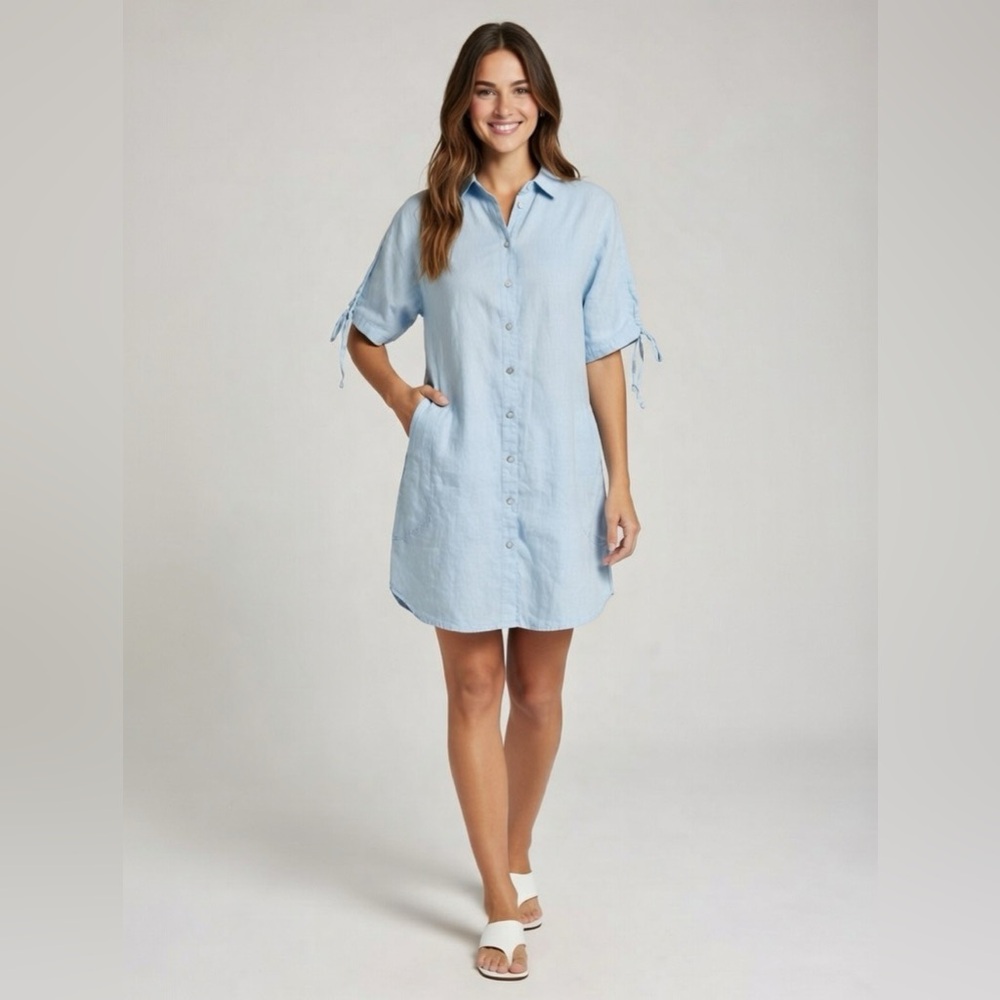 Sigrid‎ Olsen Short Sleeve Button Up Linen Dress With Pockets Size Large C19